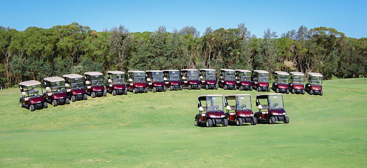 Golf coarse Golf buggies lined up on the golf course with trees and blue sky in the background