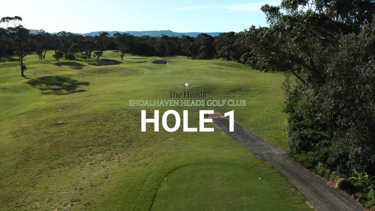 Hole 1 — Aerial view of the tree-lined fairway at The Heads, Shoalhaven Heads Golf Club, with native coastal bush framing the course and mountain views in the distance.