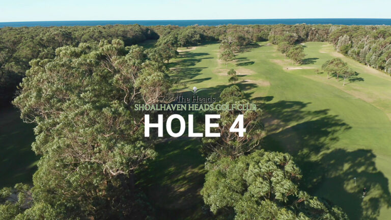 Hole 4 — Aerial view of the tree-lined fairway at The Heads, Shoalhaven Heads Golf Club, with native coastal bush framing the course and water views in the distance.