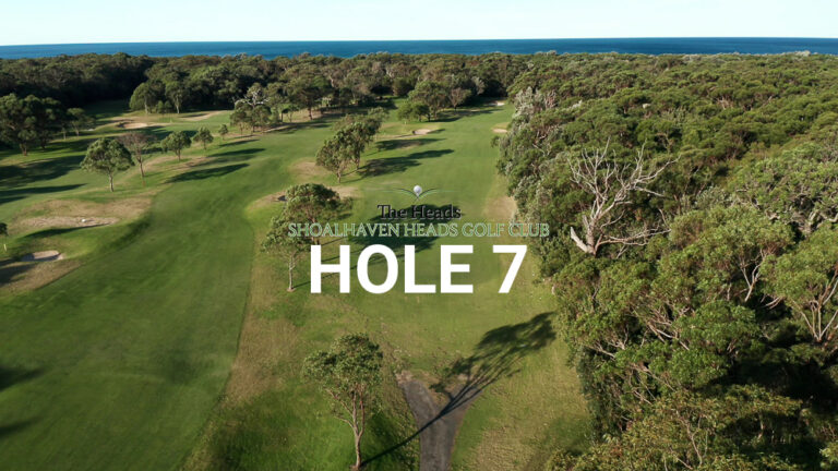 Hole 7 — Aerial view of the tree-lined fairway at The Heads, Shoalhaven Heads Golf Club, with native coastal bush framing the course and water views in the distance.
