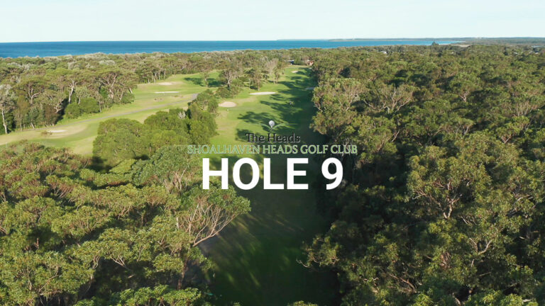 Hole 9 — Aerial view of the tree-lined fairway at The Heads, Shoalhaven Heads Golf Club, with native coastal bush framing the course and water views in the distance.