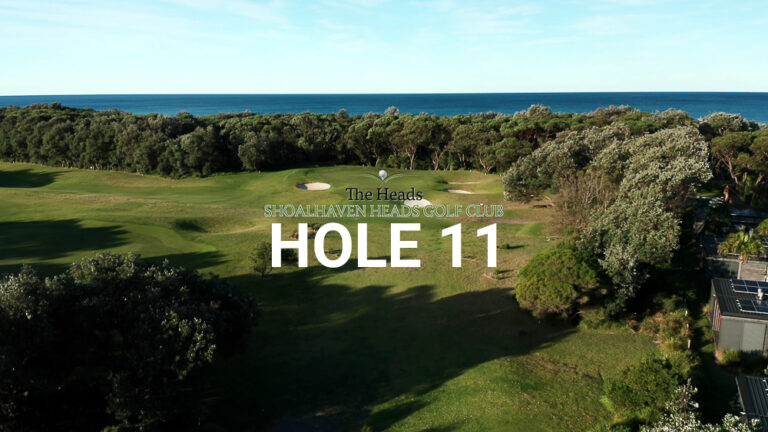 Hole 11 — Aerial view of the tree-lined fairway at The Heads, Shoalhaven Heads Golf Club, with native coastal bush framing the course and water views in the distance.