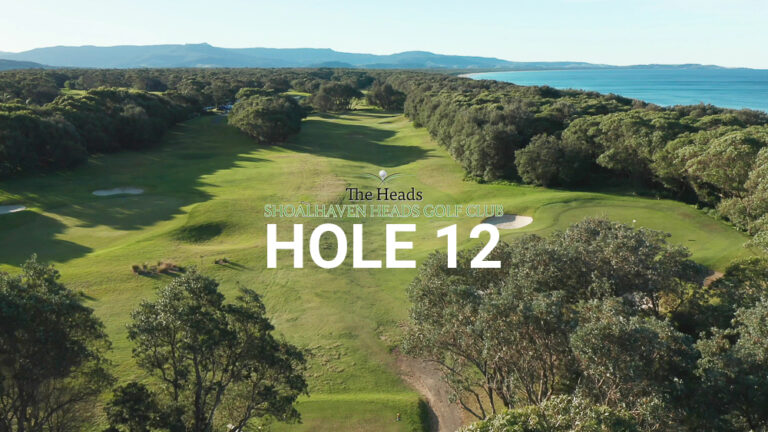 Hole 12 — Aerial view of the tree-lined fairway at The Heads, Shoalhaven Heads Golf Club, with native coastal bush framing the course and water views in the distance.