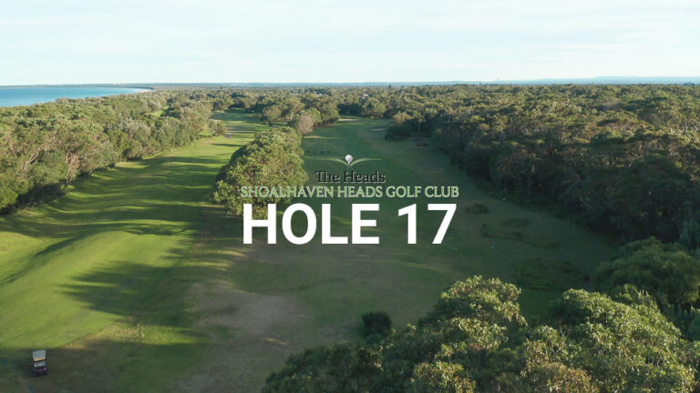 Hole 17 — Aerial view of the tree-lined fairway at The Heads, Shoalhaven Heads Golf Club, with native coastal bush framing the course and water views in the distance.