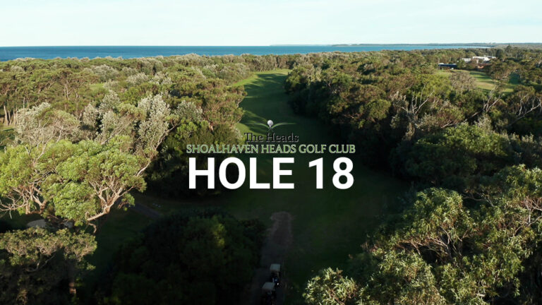 Hole 18 — Aerial view of the tree-lined fairway at The Heads, Shoalhaven Heads Golf Club, with native coastal bush framing the course and water views in the distance.