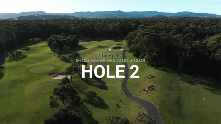Hole 2 — Aerial view of the tree-lined fairway at The Heads, Shoalhaven Heads Golf Club, with native coastal bush framing the course and mountain views in the distance.